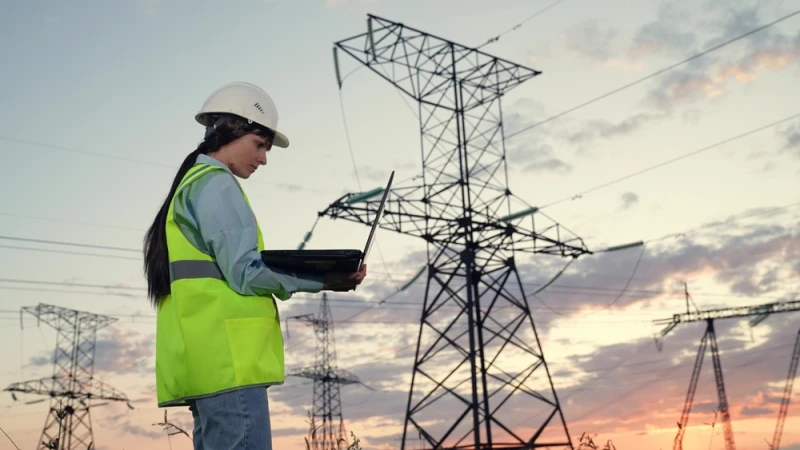 Female engineer connects to network via laptop by power transmission lines